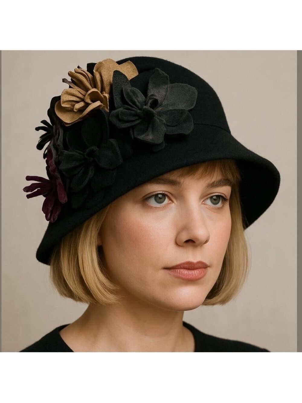VTG SCALA WOOL BLACK & MULTI-COLOR FELT HAND CUT FLOWERS RETRO CLOCHE HAT 8" DIA